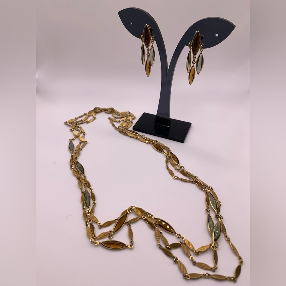 Vintage gold tone multicoloured crystal necklace with matching earrings